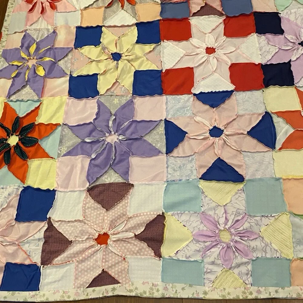 Vtg 70s Polyester Quilt Topper 87x87 - Hand Stitched Star Flower Dahlia Retro